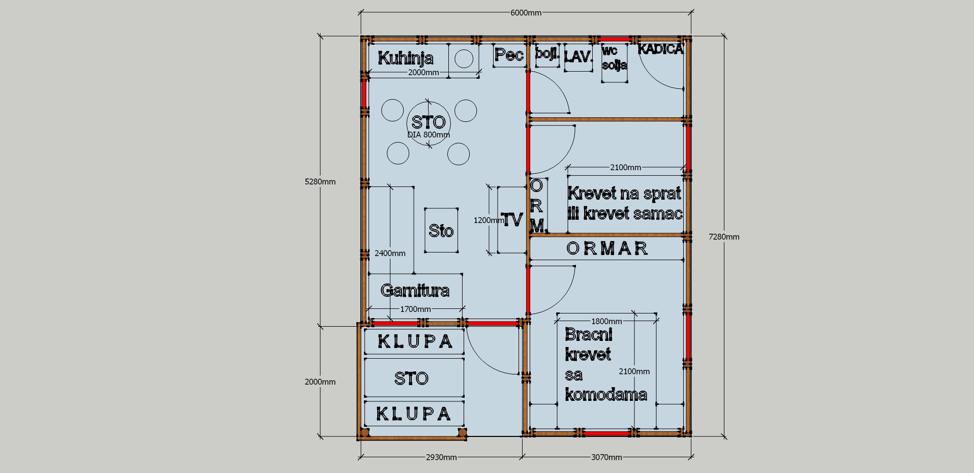 Skica osnove sa rasporedom namestaja